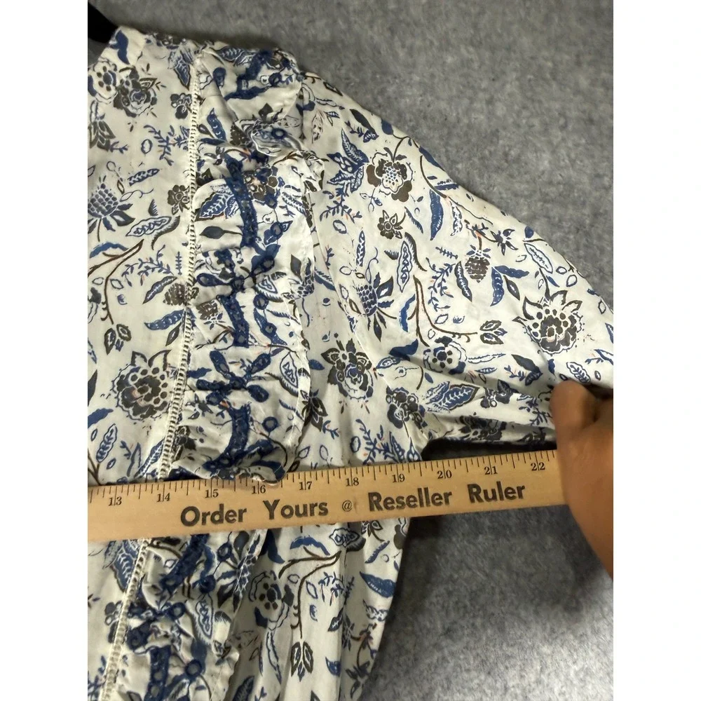 Lucky Brand Blue White Floral Ruffle Tiered Mini Dress Small V-Neck Puff Sleeve - Picture 5 of 8